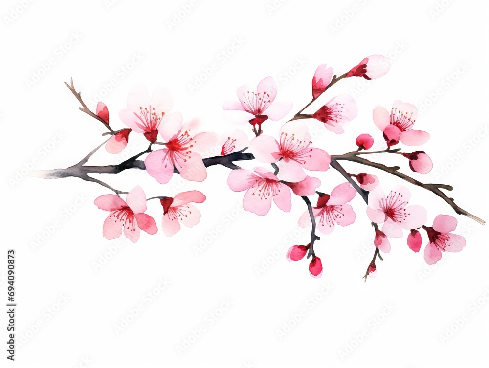 Minimalistic Superb Watercolor Illustration of Pink Spring Cherry Blossom Flowers AI Generated