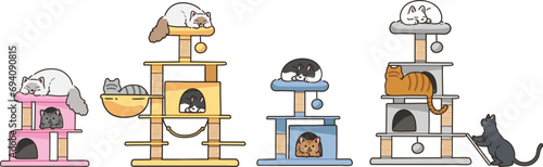 Simple and adorable illustrations of Cats on Cat Towers