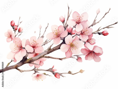 Minimalistic Superb Watercolor Illustration of Pink Spring Cherry Blossom Flowers AI Generated