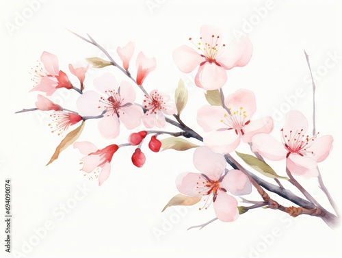 Minimalistic Superb Watercolor Illustration of Pink Spring Cherry Blossom Flowers AI Generated © Alex