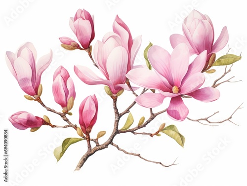 Minimalistic Superb Watercolor Illustration of a Pink Spring Magnolia Flowers Branch AI Generated