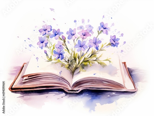 Minimalistic Watercolor Illustration of Flowers Growing from an Old Open Book AI Generated © Alex