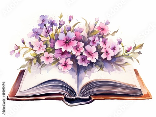 Minimalistic Watercolor Illustration of Flowers Growing from an Old Open Book AI Generated © Alex
