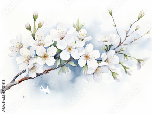 Minimalistic Watercolor Illustration of White Cherry Blossom Flowers on a Branch AI Generated