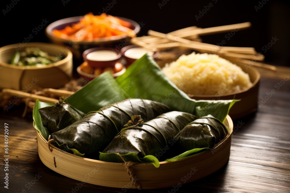 Steamed Zongzi wrapped in bamboo leaves, a traditional Chinese dish for