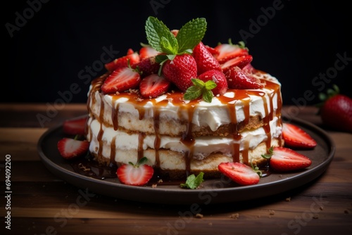 A mouthwatering image capturing the velvety texture of a cheesecake, crowned with juicy strawberries and a delicate drizzle of honey, presented on a rustic wooden table