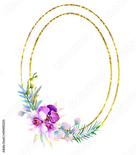 Golden oval frame with pink and purple orchid flowers with delicate leaves, isolated on a white background