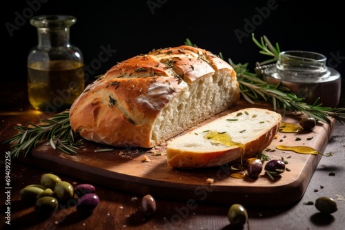 Delicious Homemade Olive Bread, Perfectly Sliced and Ready to be Enjoyed with a Drizzle of Olive Oil photo