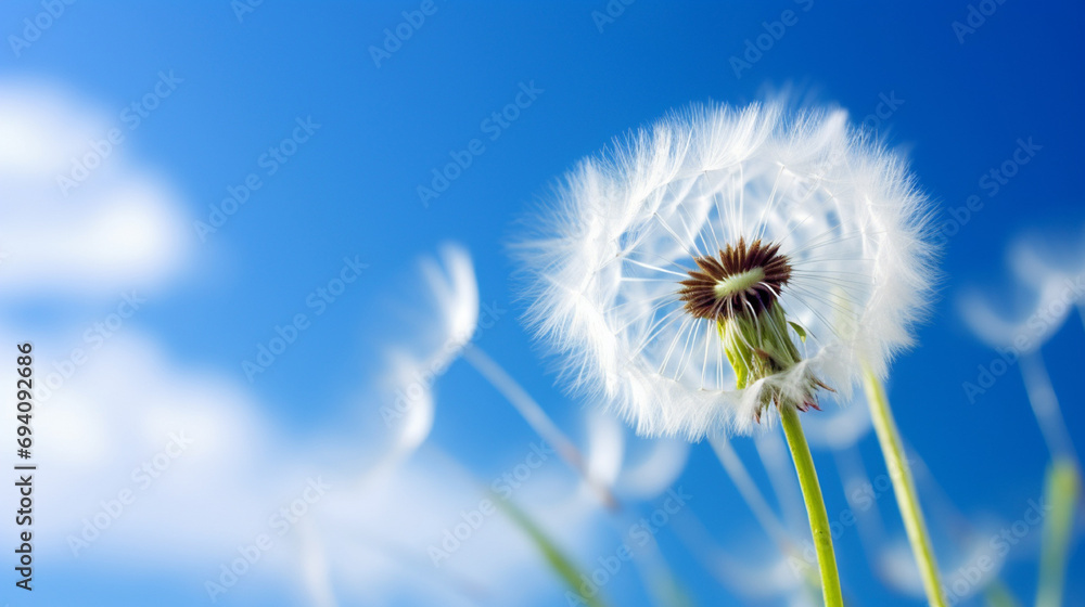 Naklejka premium Dandelion develops in the wind. Photo, copy space