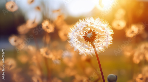 Dandelion develops in the wind. Photo  copy space