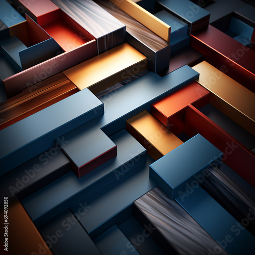 3d rendering of abstract geometric shapes in blue, orange and brown colors