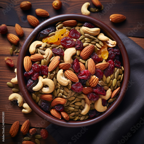 A tasty snack bowl with almonds cranberries dried fruite Top view photo