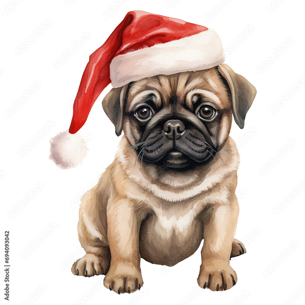 Pug with a santa hat on its head