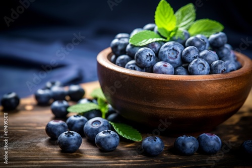 A captivating food photograph showcasing the natural beauty and freshness of ripe blueberries in a rustic setting