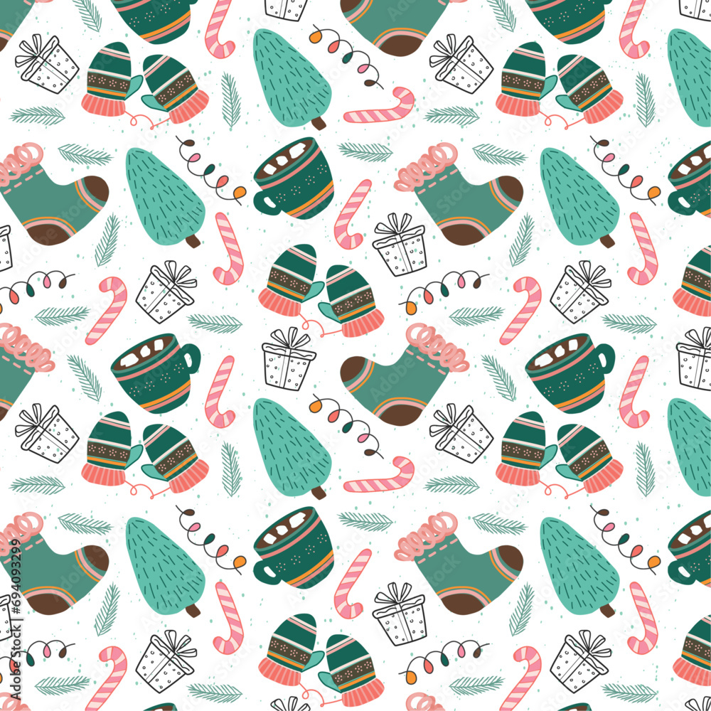  vector new year winter pattern with snow ,the main color green ,on white background