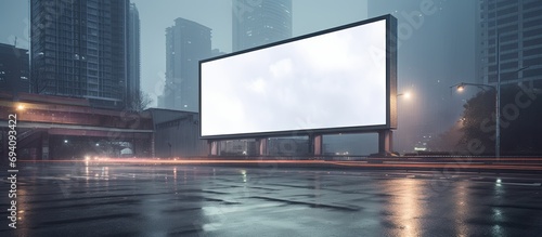 Empty billboard in rainy urban city with blank screen, suitable for advertising and information display.