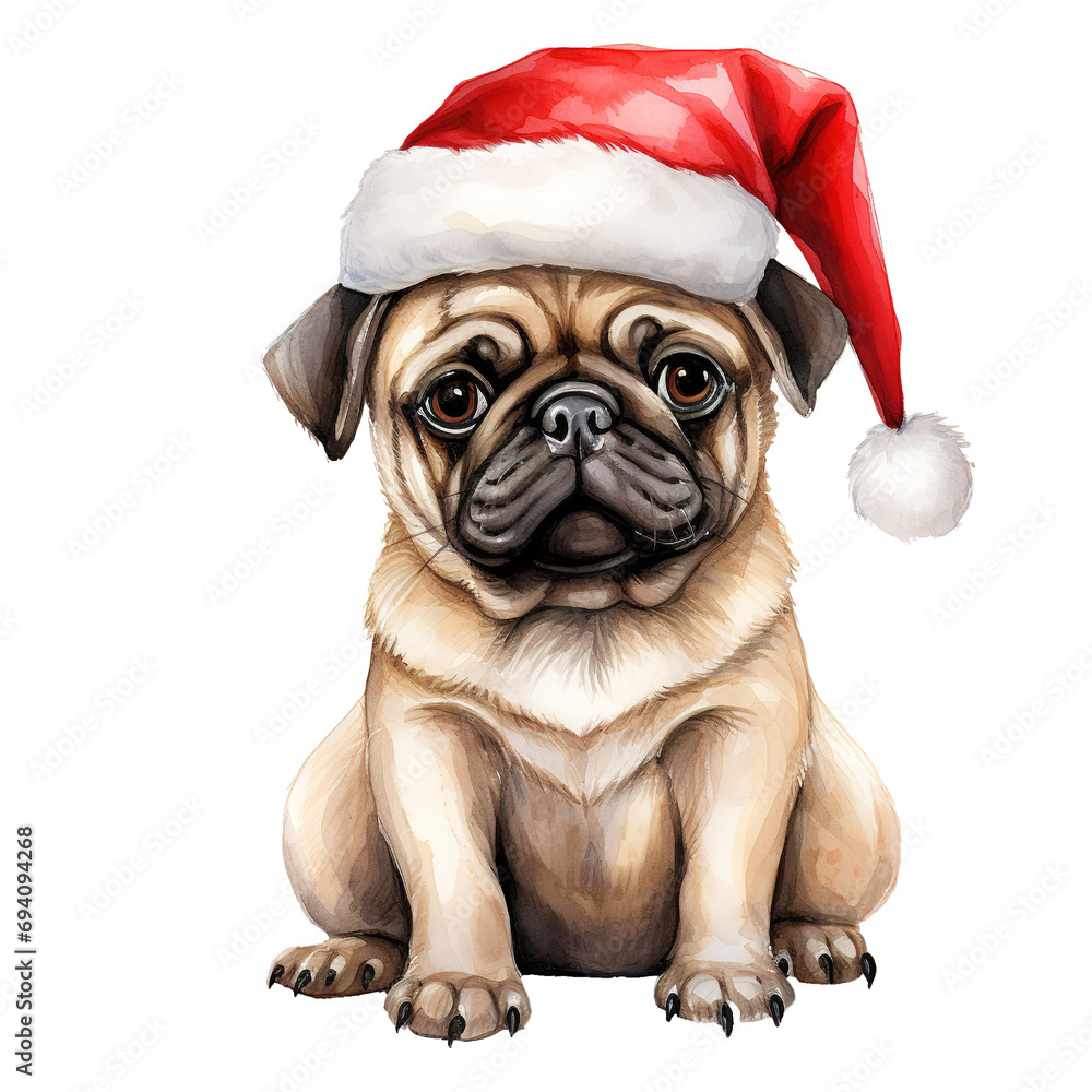Pug with a santa hat on its head