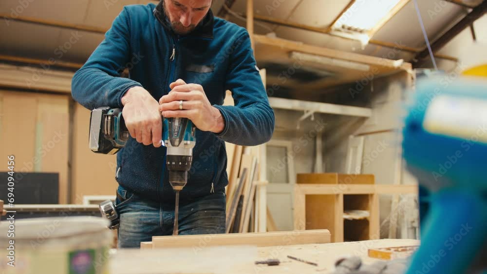 Male carpenter at workbench drilling hole in piece of wood with cordless electric drill - shot in slow motion Male carpenter at workbench drilling hole in piece of wood with cordless electric drill - shot in slow motion