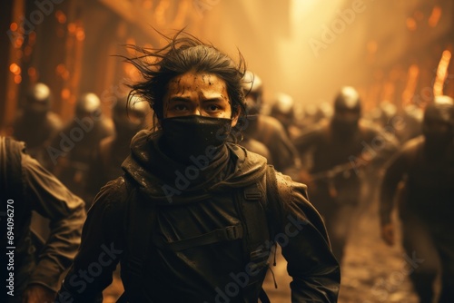 crowd of chinese people in medical masks ,virus 2023 concept