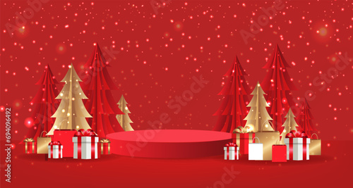 Red Winter Poster Podium With Fir Tree And Gift Box