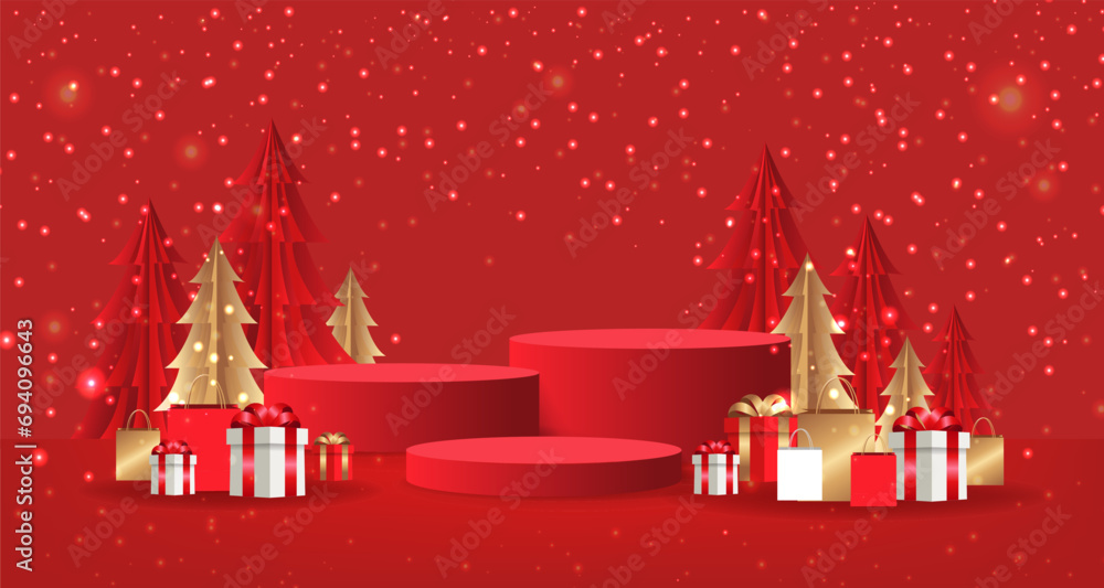 Red Winter Poster Podium With Fir Tree And Gift Box