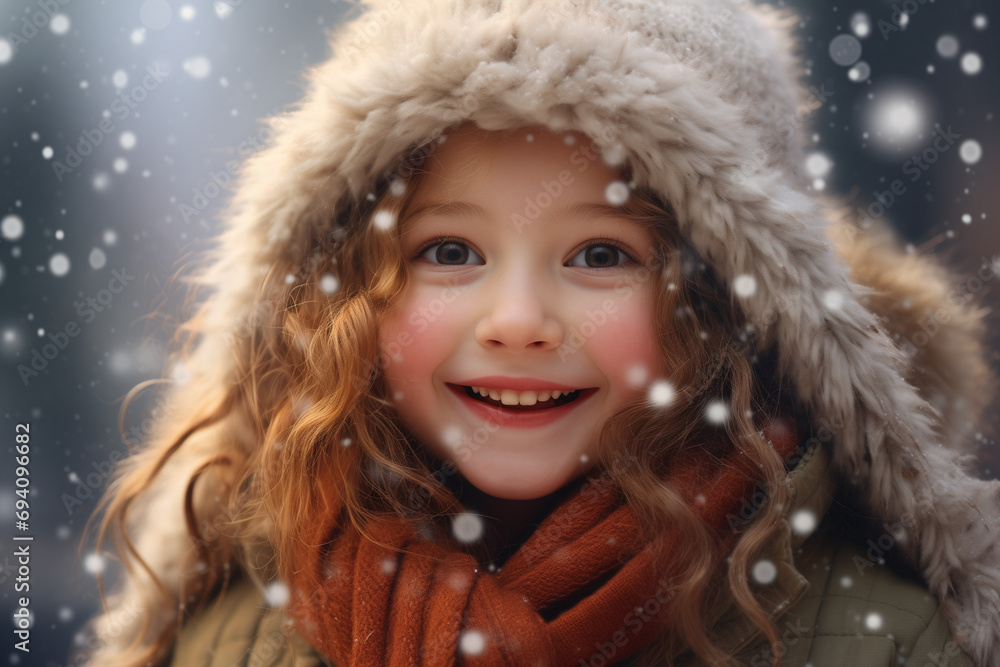 Cute child with happy face surrounded with snowflakes. Winter holidays concept. Cute child with happy face surrounded with snowflakes. Winter holidays concept.