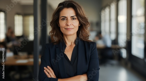 3. Portrait of mature business woman with arms crossed looking at camera. Happy smiling mid businesswoman standing in office with copy space. Confident latin woman in formalwear standing in workplace.