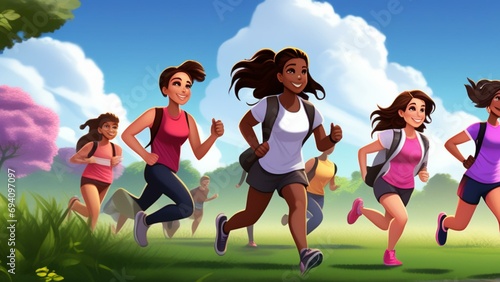 cartoon clipart group of diverse females jogging together in park 