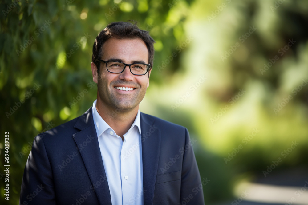 A businessman with glasses smiling outdoors free image A businessman with glasses smiling outdoors free image