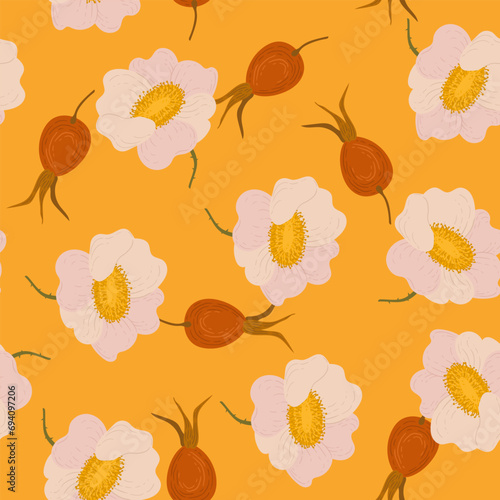 rosehip flowers and berries on a bright yellow background. cheerful print with fragrant rose hips.