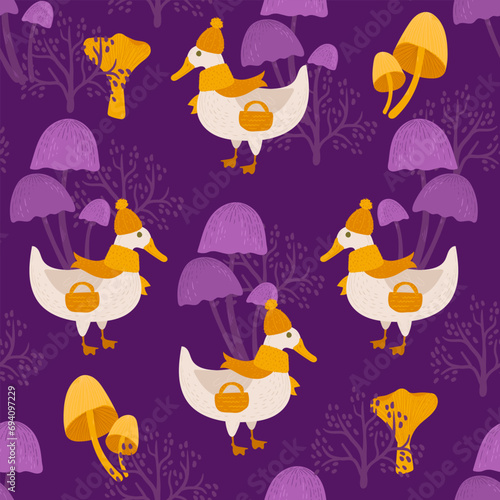 purple background with cute mushroom picker ducks and mushrooms. ducks in scarves with baskets. children's fairy print with birds