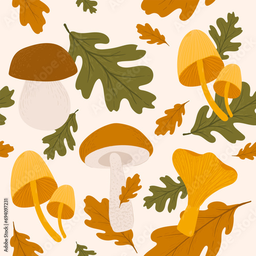 autumn mushrooms with colorful oak leaves. autumn gifts endless print in light colors (ID: 694097231)
