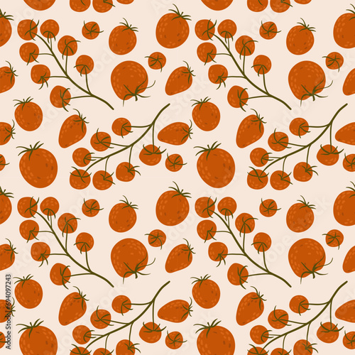 cherry tomatoes on branches and whole tomatoes on a seamless pattern. print with delicious tomatoes on a beige background.