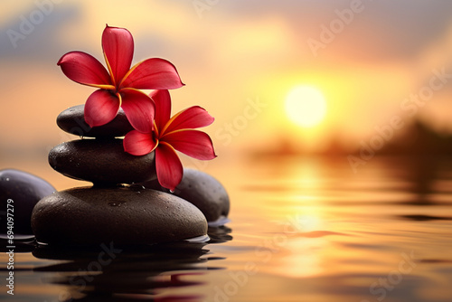 Holistic health concept of zen stones with deep red plumeria flower on blurred background. 