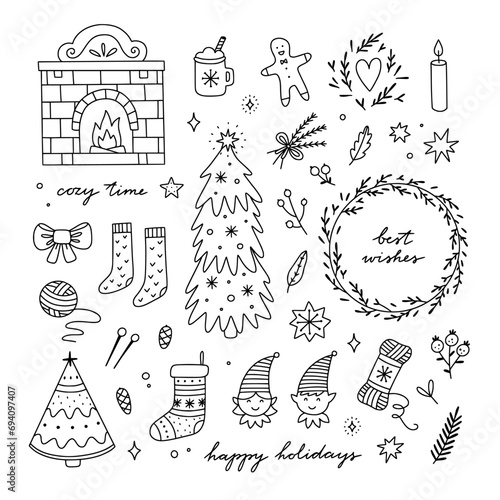 Christmas clipart. Hand drawn vector winter doodles. Holiday illustrations. Christmas doodles set