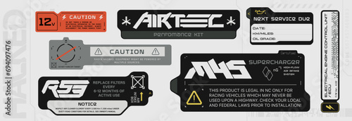 Cyberpunk style decals set. Set of vector car service stickers and labels in futuristic style. Inscriptions and symbols photo
