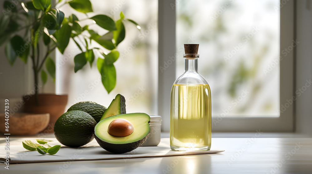 Glass avocado oil on the table in the white kitchen, long shadows. Generative AI Glass avocado oil on the table in the white kitchen, long shadows. Generative AI