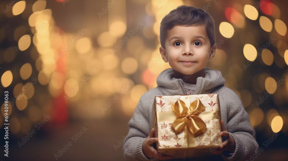 Little boy holding a gift box on Christmas day with a background of atmosphere on the eve of Christmas celebrations, happy facial expression Little boy holding a gift box on Christmas day with a background of atmosphere on the eve of Christmas celebrations, happy facial expression