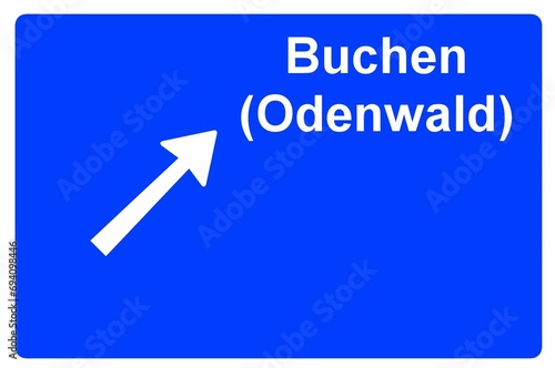 Illustration eines Autobahn-Ausfahrtschildes mit der Beschriftung "Buchen (Odenwald)" © Pixel62