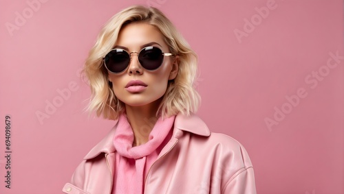 Fashionable blonde woman in pink coat and sunglasses posing on pink background