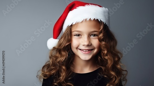  Portrait of a little smiling cute girl wearing a Santa s hat on a light background