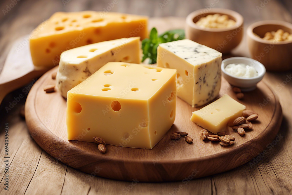 Cheese. Cut piece of cheese on a wooden board. AI generated Cheese. Cut piece of cheese on a wooden board. AI generated