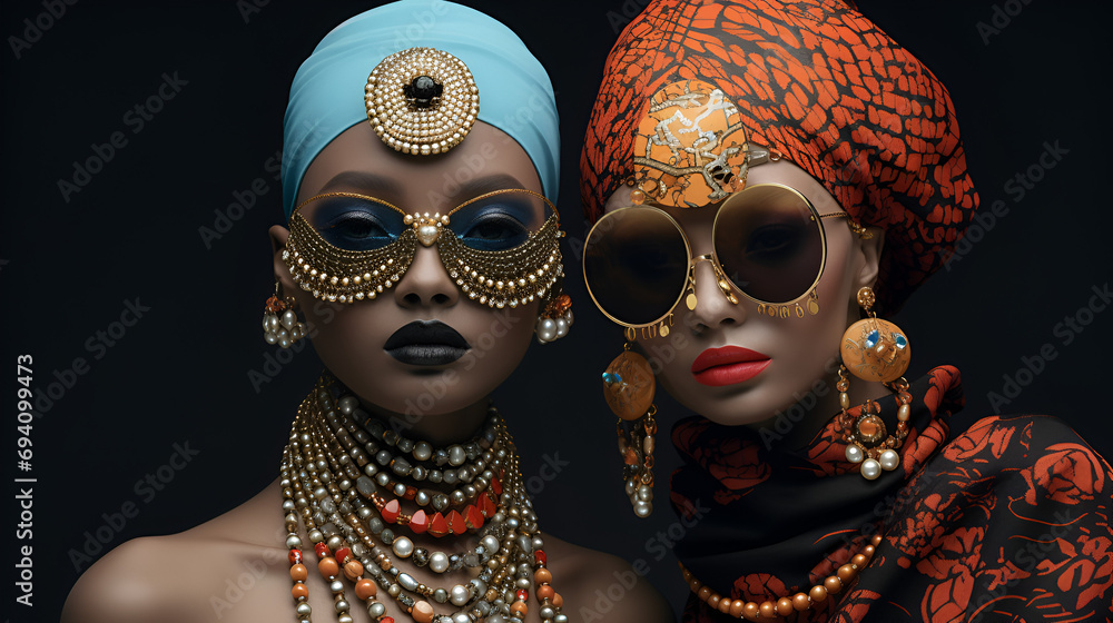Two women, side by side, adorned in elaborate clothing and jewelry inspired by African aesthetics - obrazy, fototapety, plakaty 