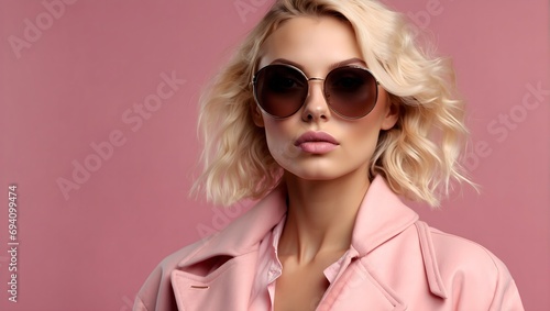 Fashionable blonde woman in pink coat and sunglasses posing on pink background © Amir Bajric