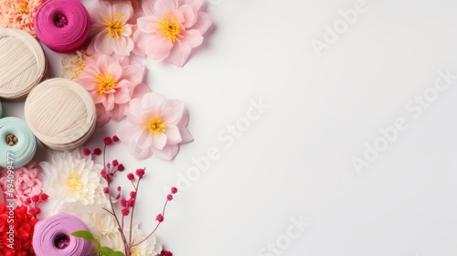 Flowers and spools of thread on a light background with space for text
