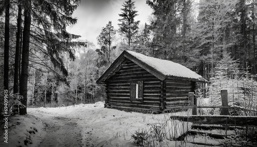 A black and white photo of a cabin in the woods