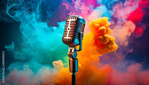 A microphone on a stand with vivid vibrant colorful smoke © Merlin