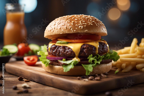 Hamburger. Big burger. Burger on a wooden board. Selective focus. AI generated