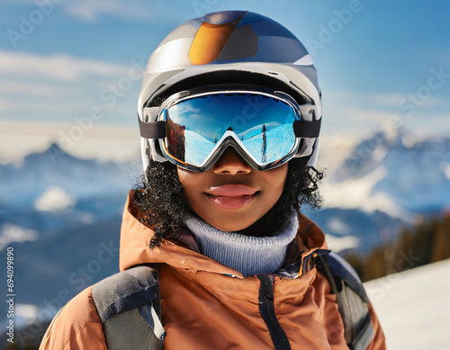 A Mountain Range Reflected In The Ski Mask. Winter Sports. Woman At The Ski Resort On The Background Of Mountains And Blue Sky. © Merlin
