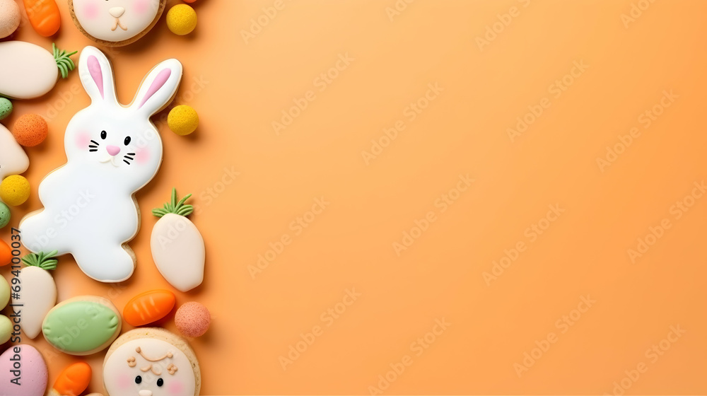 Obraz premium Easter cookies and eggs on an orange backdrop